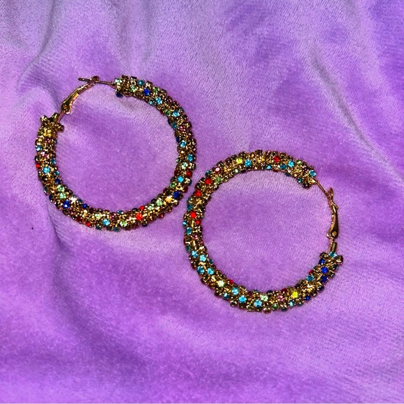 Rhinestone Multi-Color Decor Hoop Earrings - Picture 8 of 10